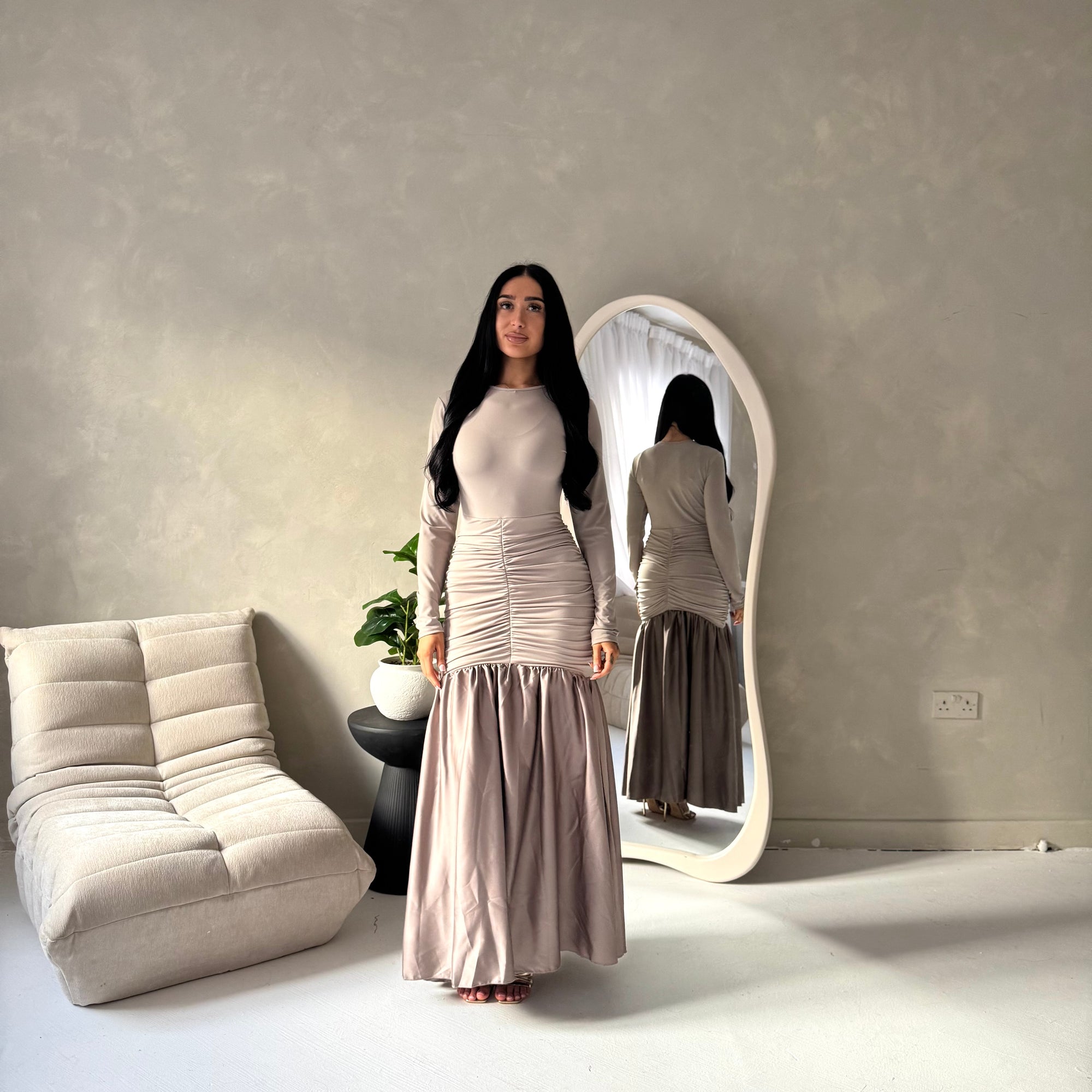 Lyra Mocha Waist Ruched Modest Dress