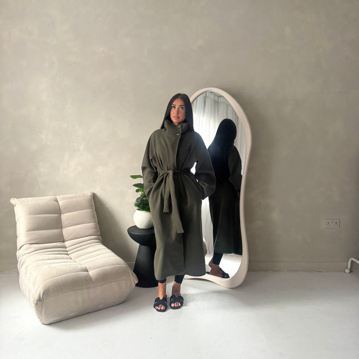 Danya Khaki High Neck Belted Double Breasted Coat
