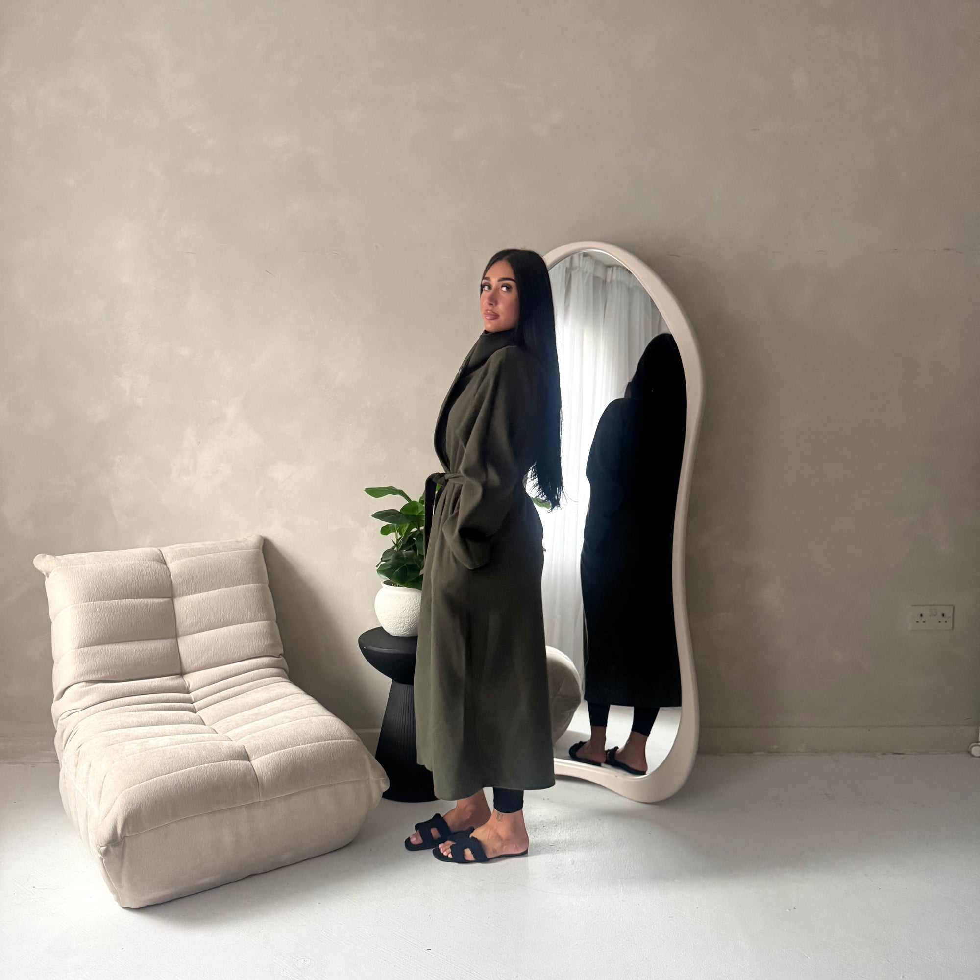 Danya Khaki High Neck Belted Double Breasted Coat