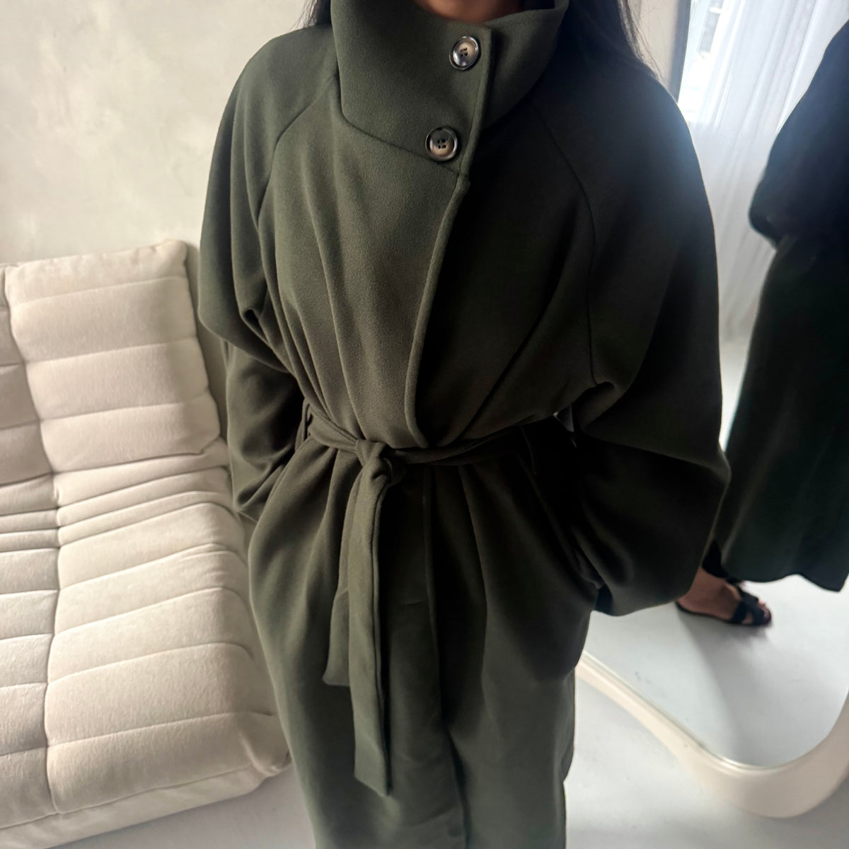 Danya Khaki High Neck Belted Double Breasted Coat
