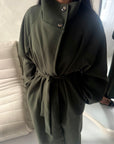 Danya Khaki High Neck Belted Double Breasted Coat