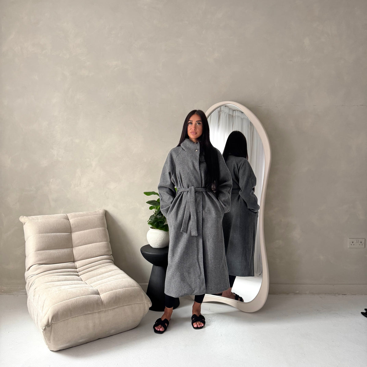 Danya Dark Grey High Neck Belted Double Breasted Coat
