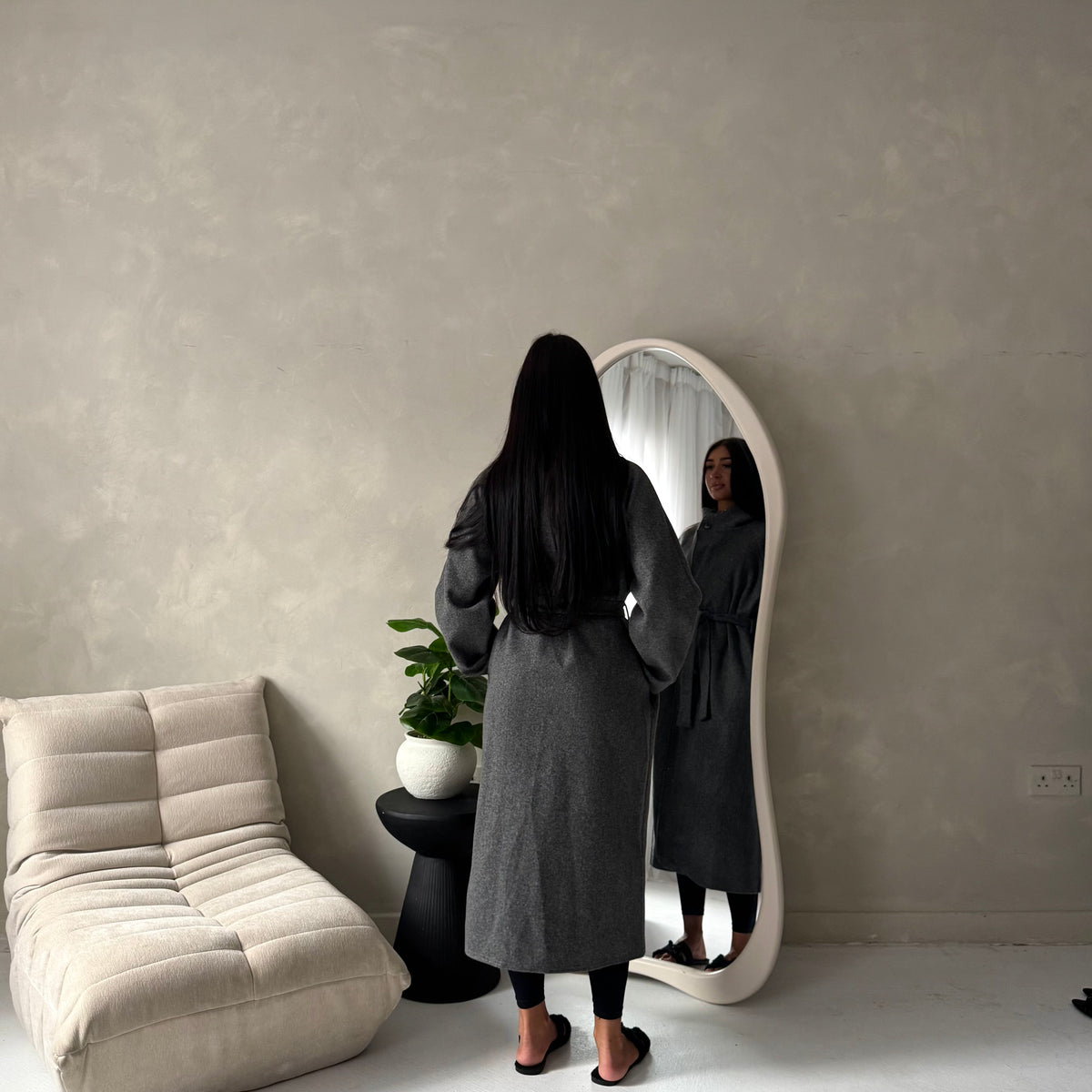 Danya Dark Grey High Neck Belted Double Breasted Coat