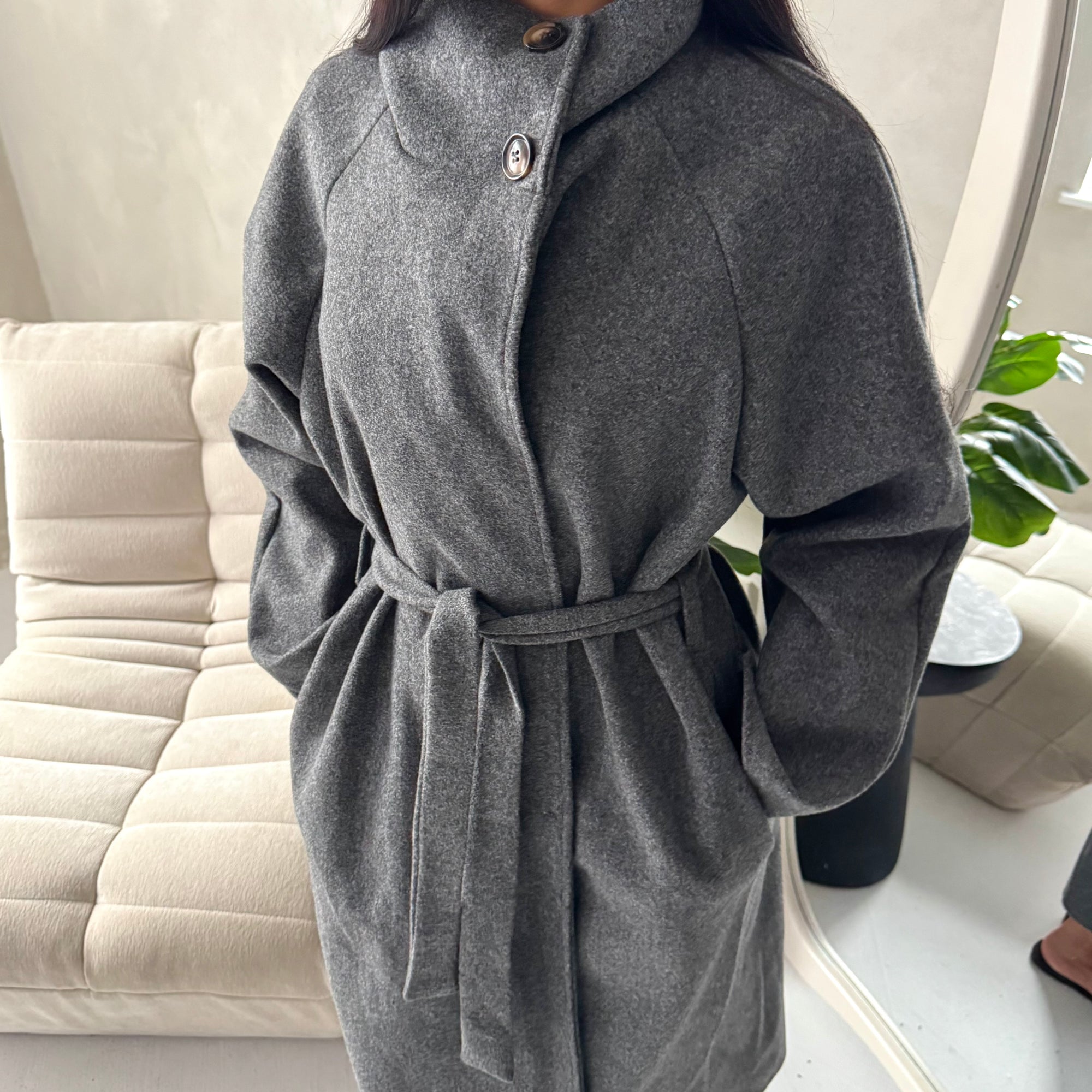 Danya Dark Grey High Neck Belted Double Breasted Coat