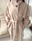 Danya Beige High Neck Belted Double Breasted Coat