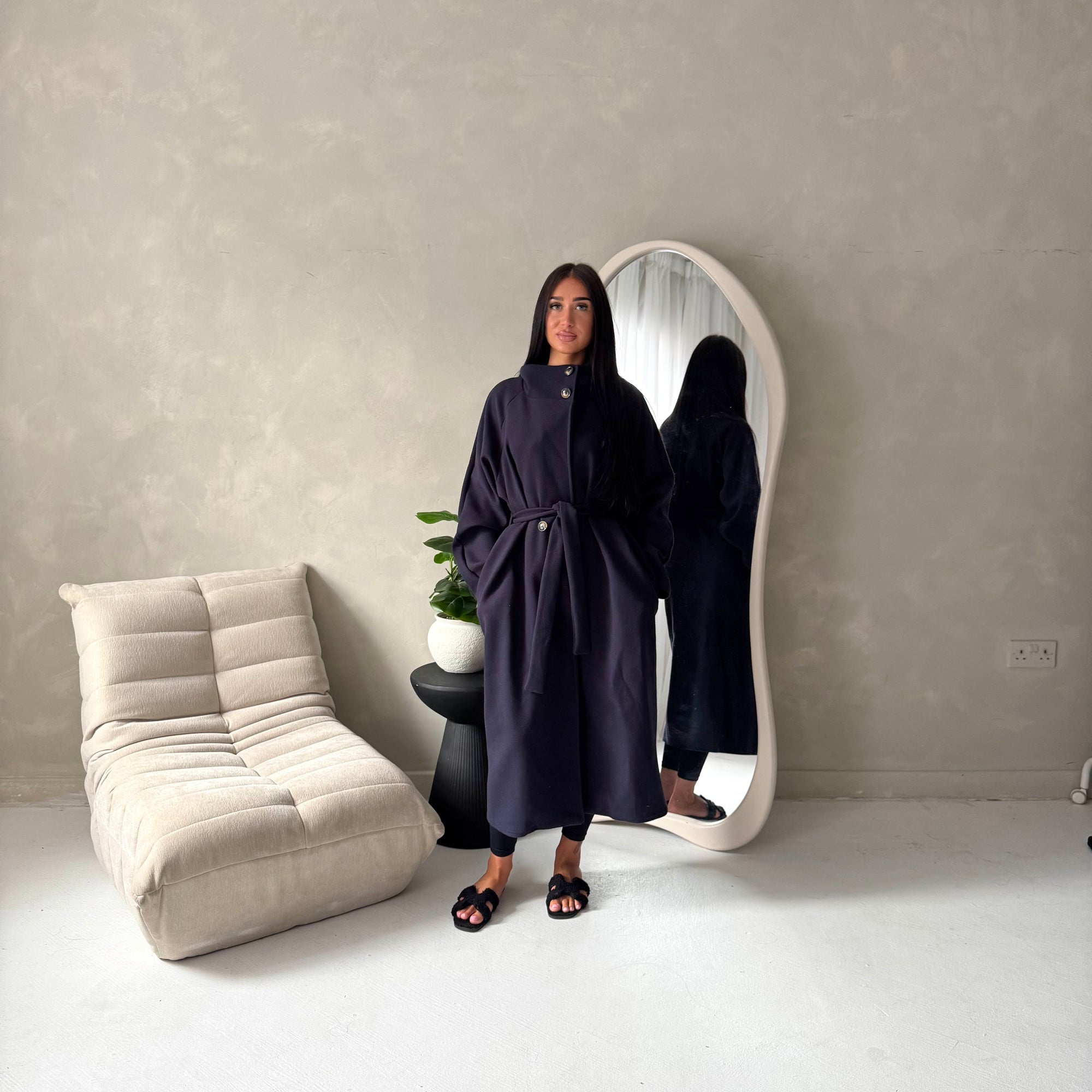 Danya Navy High Neck Belted Double Breasted Coat