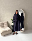 Danya Navy High Neck Belted Double Breasted Coat