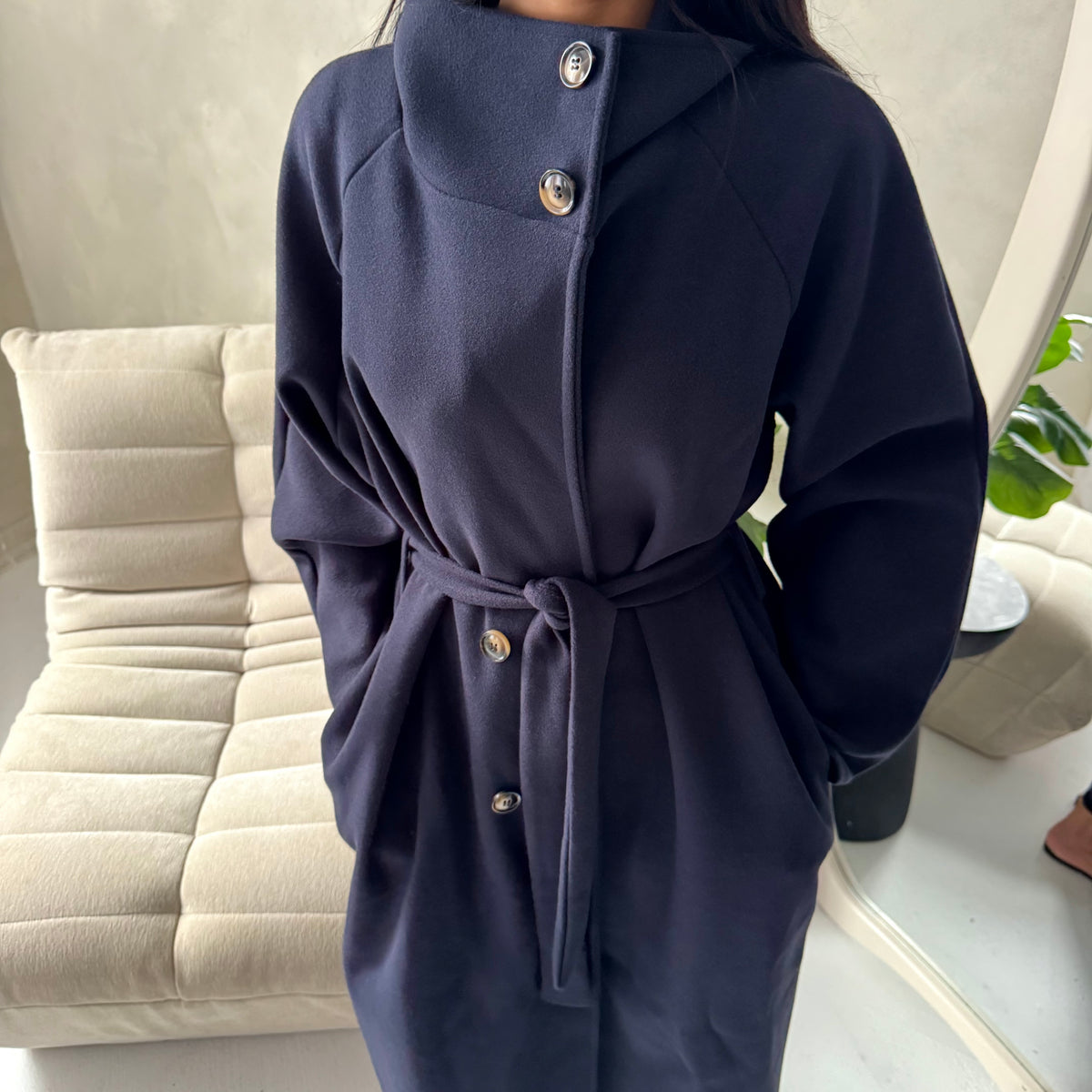 Danya Navy High Neck Belted Double Breasted Coat