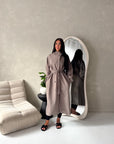 Danya Mocha High Neck Belted Double Breasted Coat