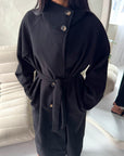 Danya Black High Neck Belted Double Breasted Coat