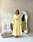 Areezo Yellow Pleated Belted Buckle V Neck Collar Dress