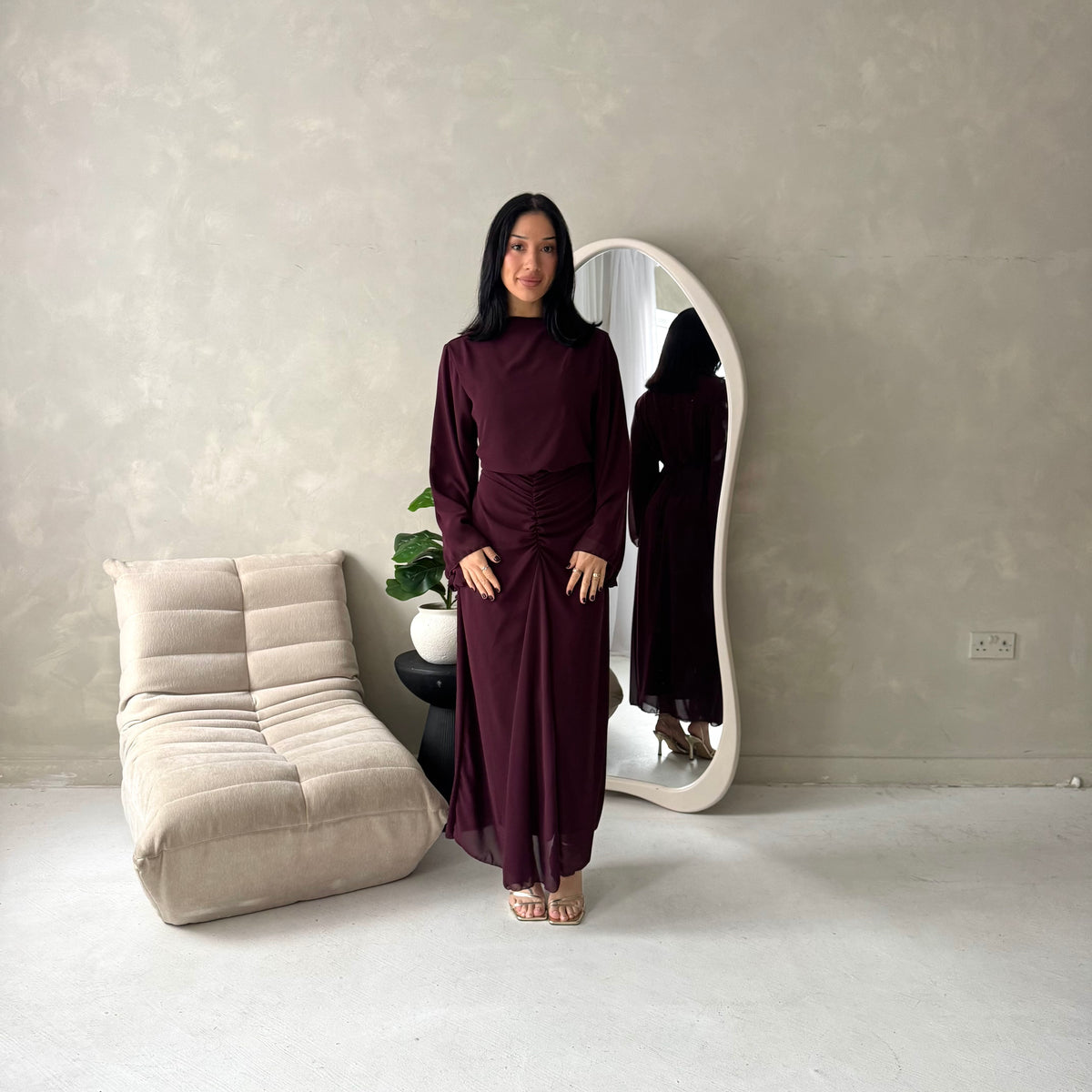 Ines Plum Soft Waist Ruched Lined Modest Dress