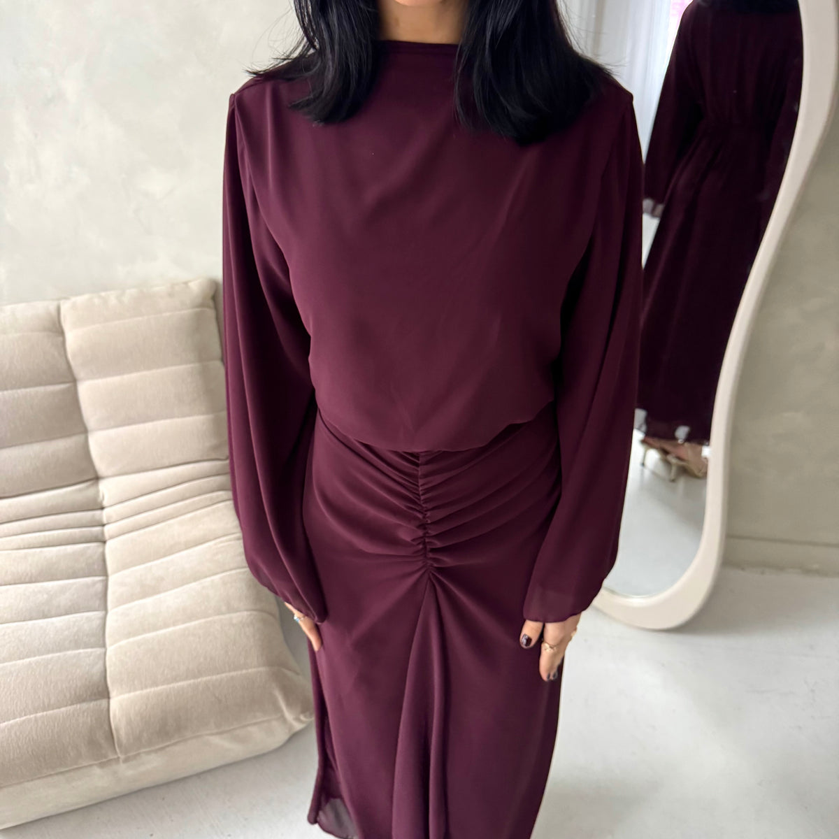 Ines Plum Soft Waist Ruched Lined Modest Dress