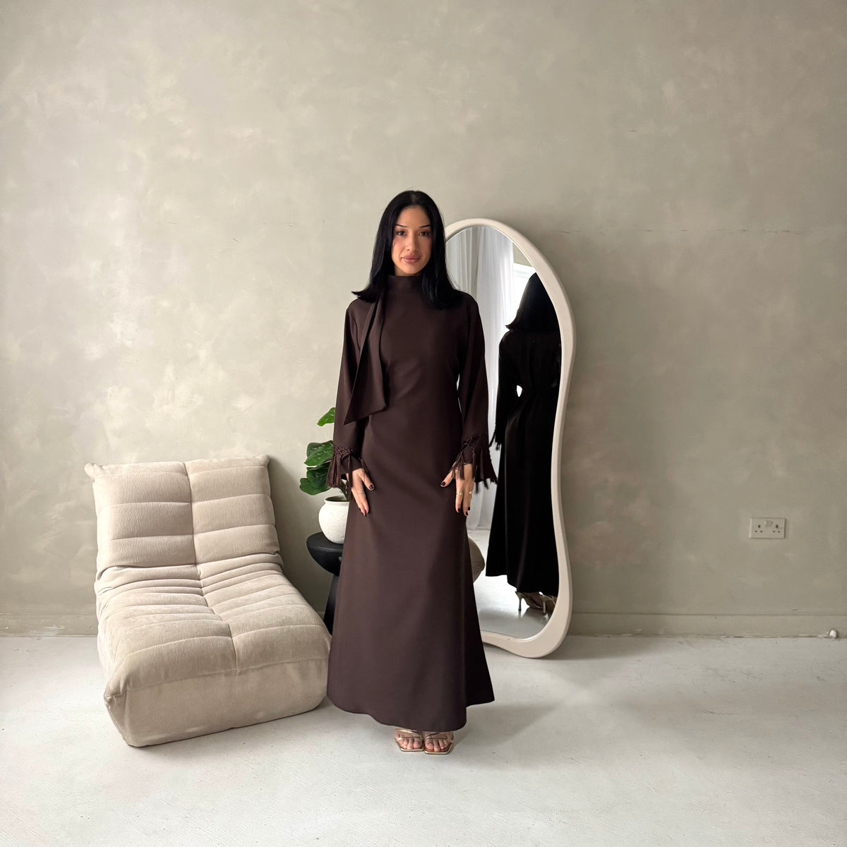 Fina Brown Tassel Sleeve High Nick Plain Tie Back Modest Dress