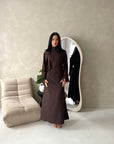 Fina Brown Tassel Sleeve High Nick Plain Tie Back Modest Dress
