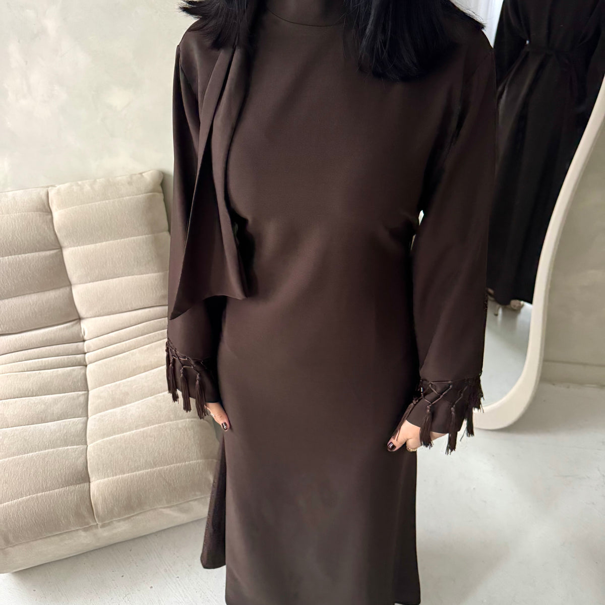 Fina Brown Tassel Sleeve High Nick Plain Tie Back Modest Dress