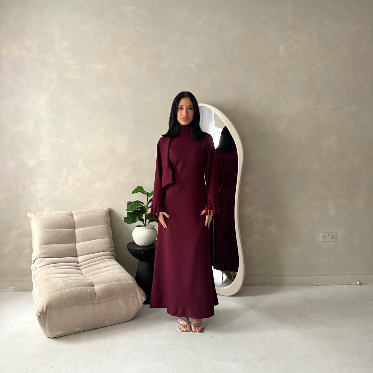 Fina Wine Tassel Sleeve High Nick Plain Tie Back Modest Dress