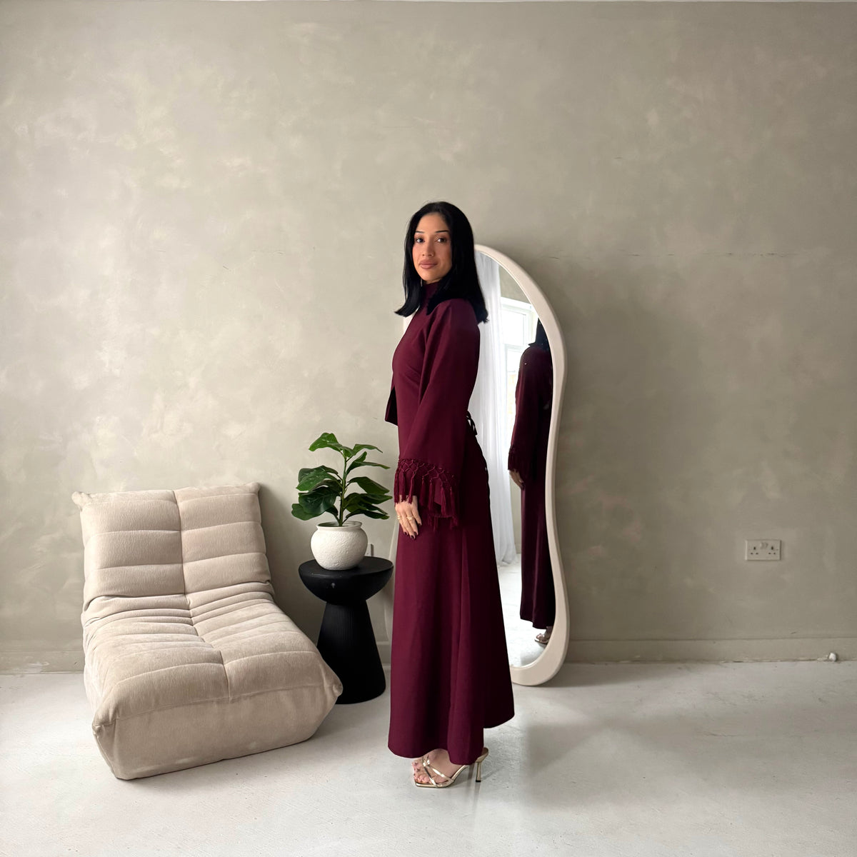 Fina Wine Tassel Sleeve High Nick Plain Tie Back Modest Dress