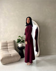 Fina Wine Tassel Sleeve High Nick Plain Tie Back Modest Dress