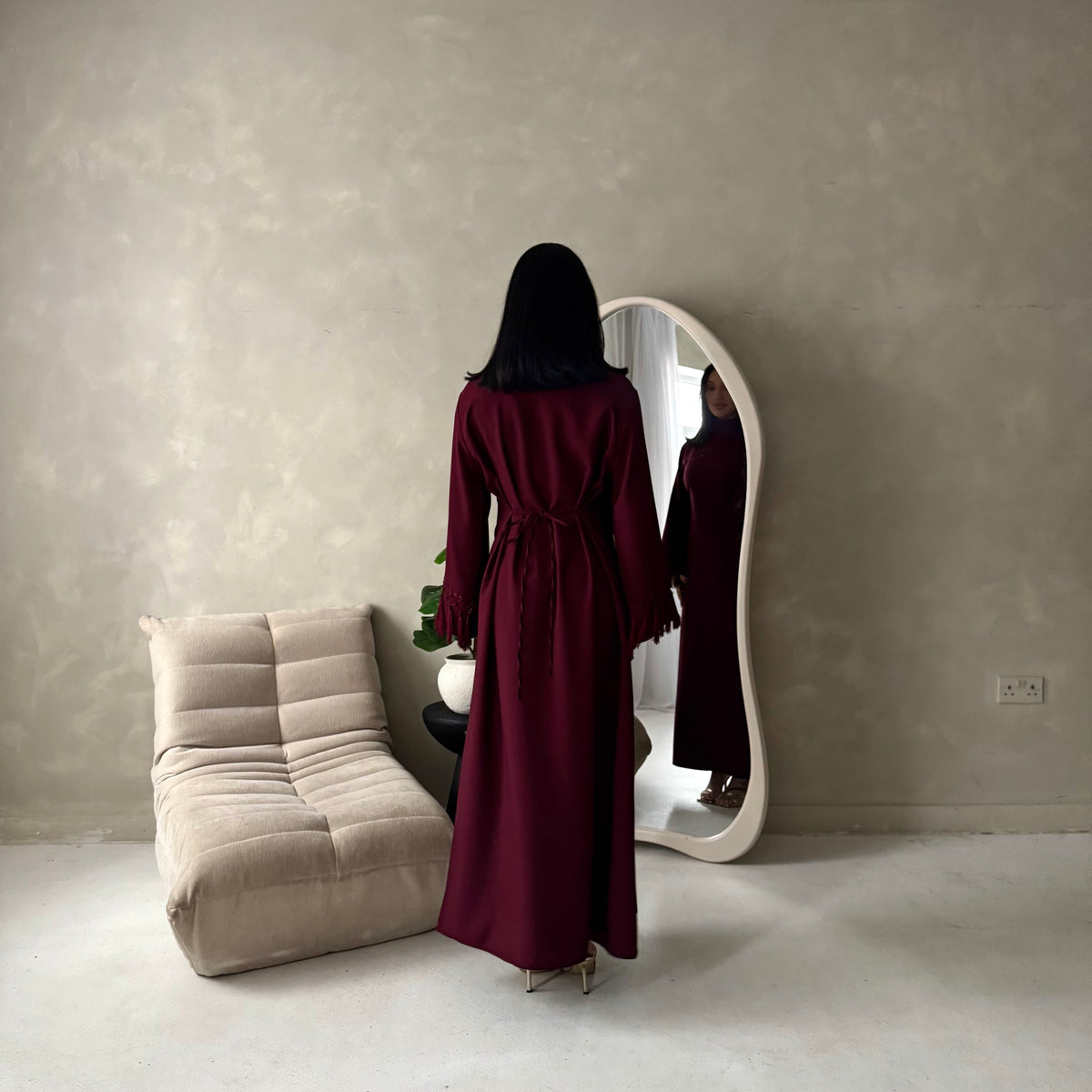 Fina Wine Tassel Sleeve High Nick Plain Tie Back Modest Dress