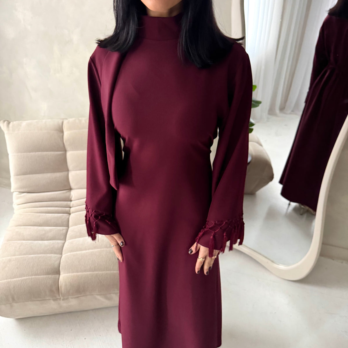Fina Wine Tassel Sleeve High Nick Plain Tie Back Modest Dress