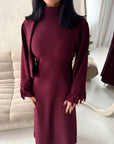 Fina Wine Tassel Sleeve High Nick Plain Tie Back Modest Dress