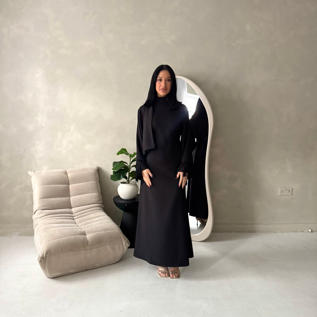 Fina Black Tassel Sleeve High Nick Plain Tie Back Modest Dress