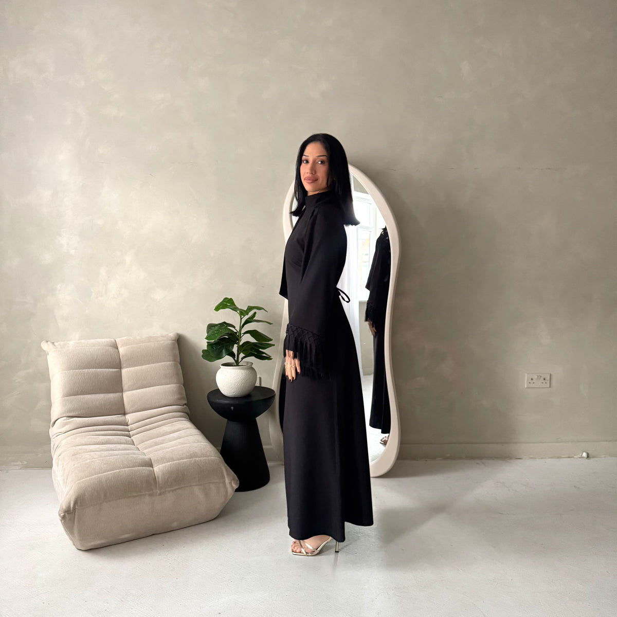 Fina Black Tassel Sleeve High Nick Plain Tie Back Modest Dress