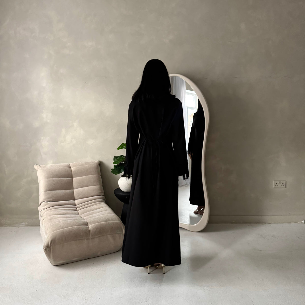 Fina Black Tassel Sleeve High Nick Plain Tie Back Modest Dress