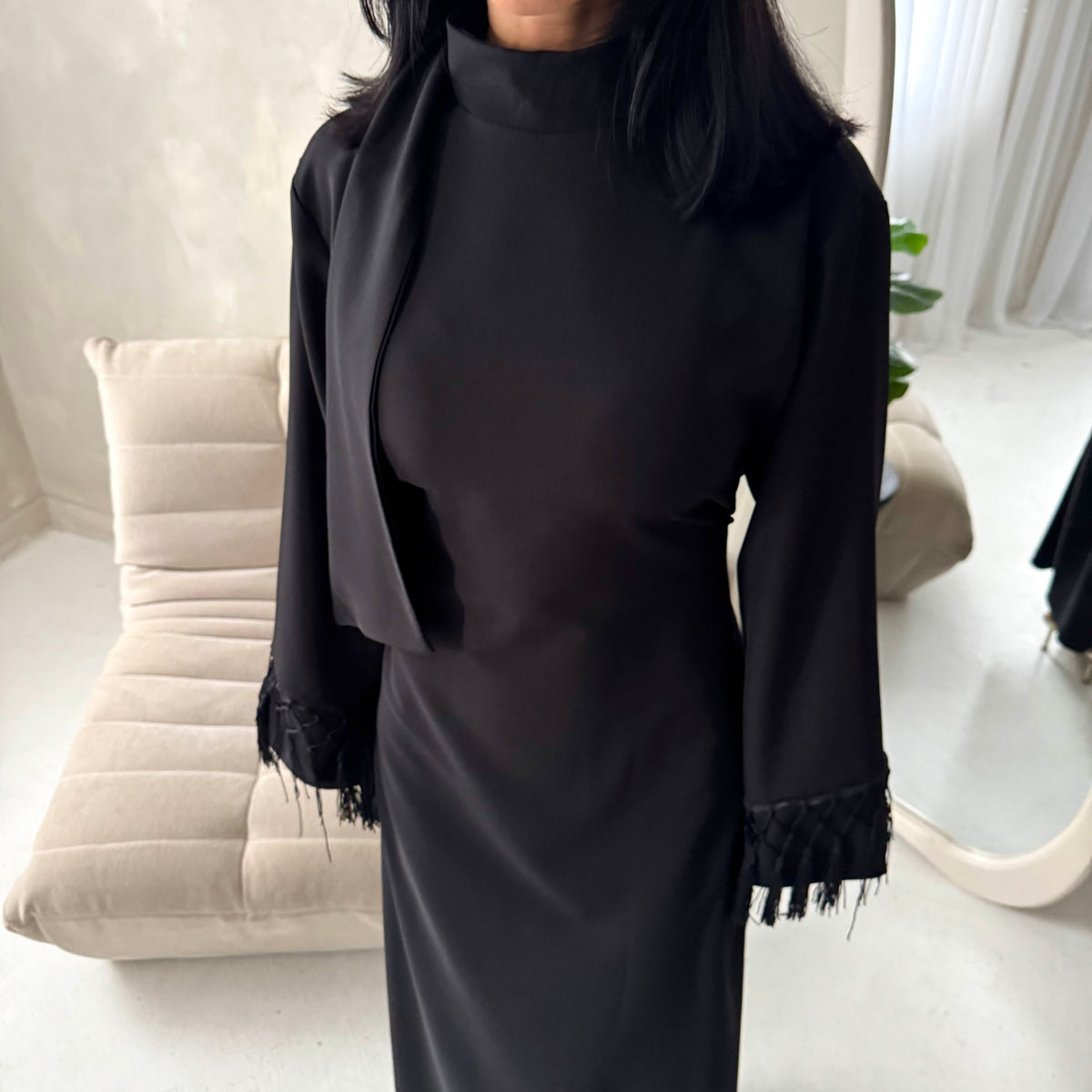 Fina Black Tassel Sleeve High Nick Plain Tie Back Modest Dress