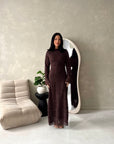 Lumi Brown Lace Lined Tie Back Side Ruched Modest Dress