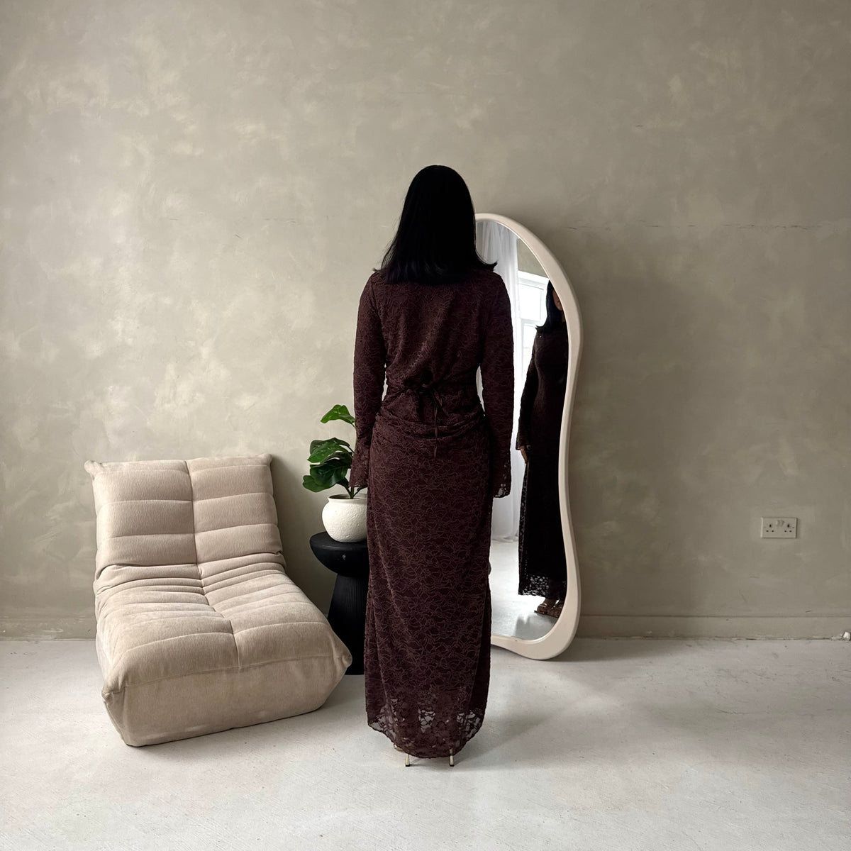 Lumi Brown Lace Lined Tie Back Side Ruched Modest Dress