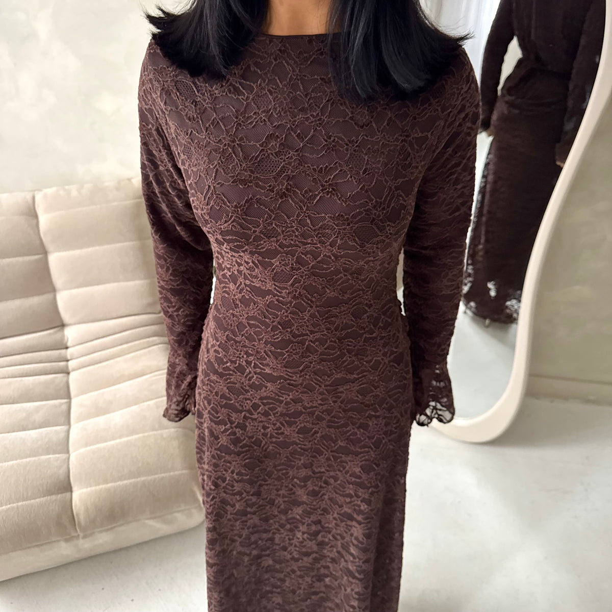 Lumi Brown Lace Lined Tie Back Side Ruched Modest Dress