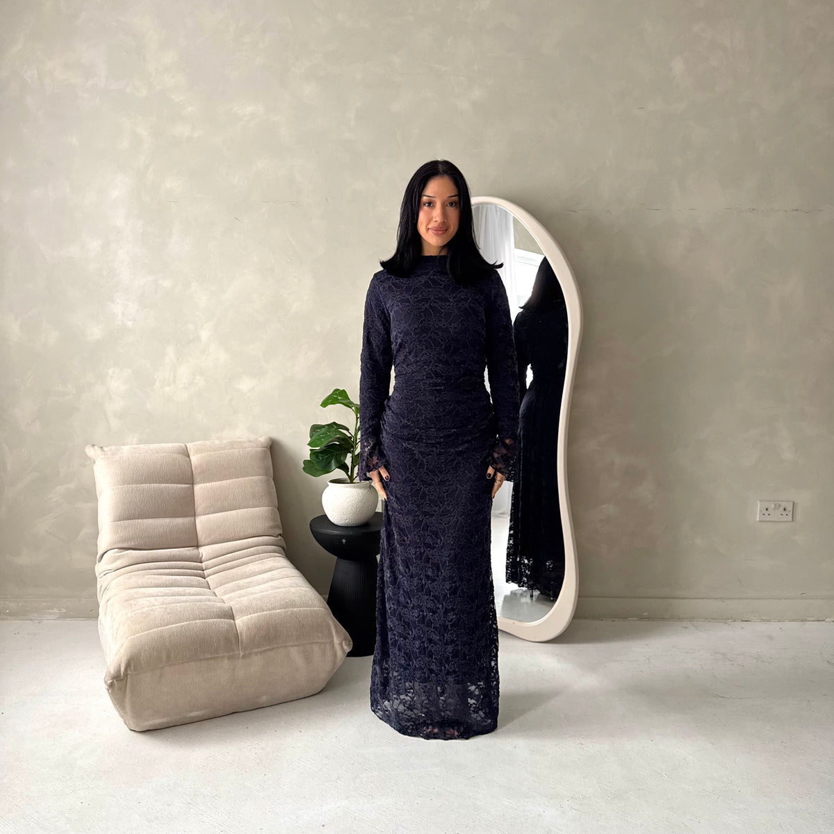 Lumi Navy Lace Lined Tie Back Side Ruched Modest Dress