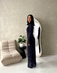 Lumi Navy Lace Lined Tie Back Side Ruched Modest Dress