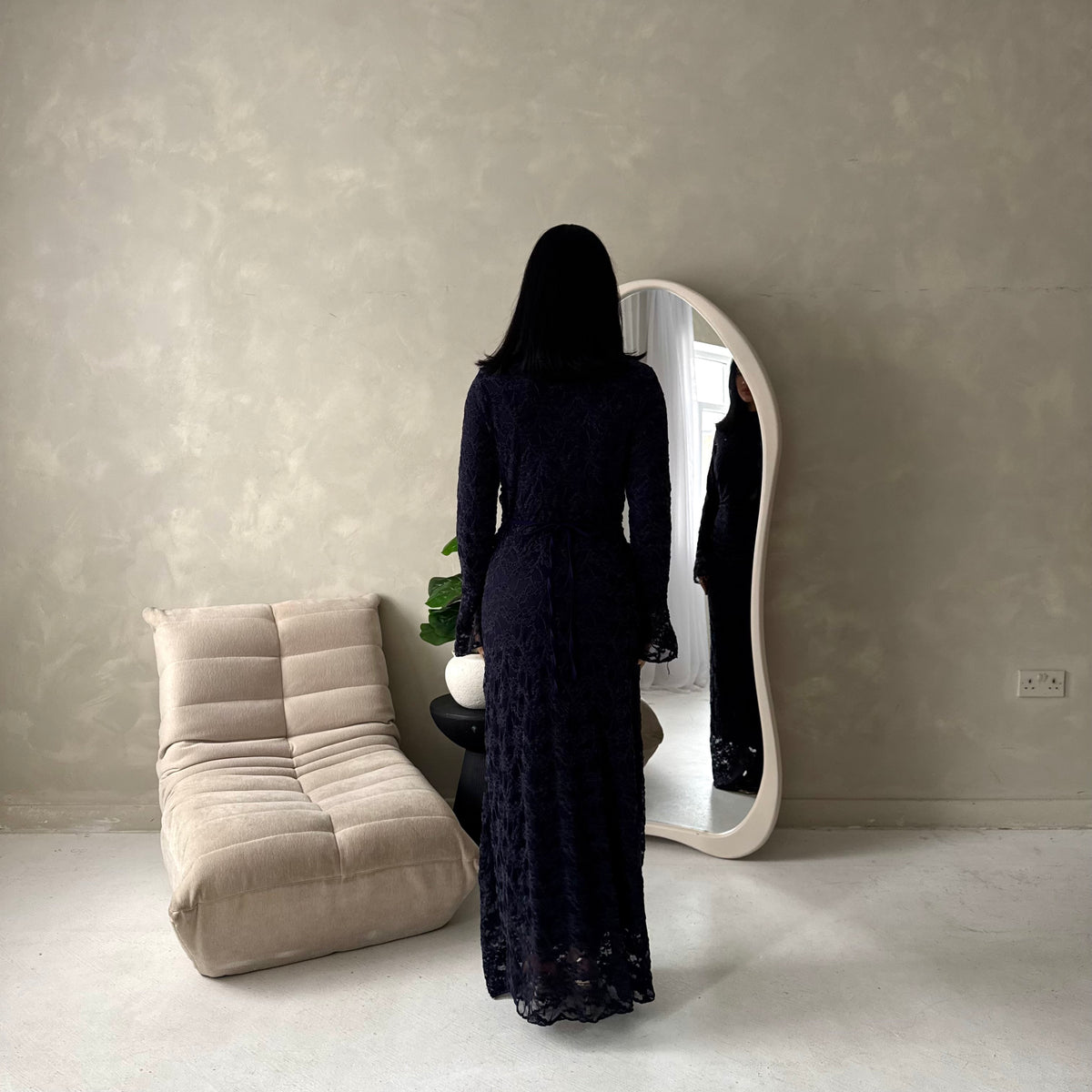 Lumi Navy Lace Lined Tie Back Side Ruched Modest Dress