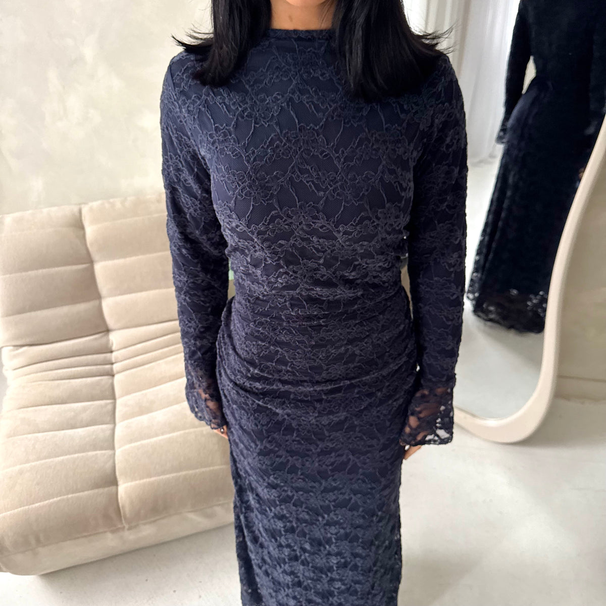 Lumi Navy Lace Lined Tie Back Side Ruched Modest Dress