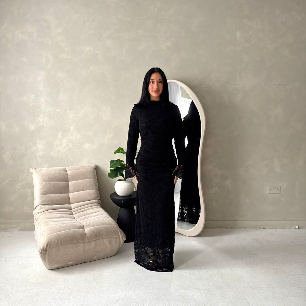 Lumi Black Lace Lined Tie Back Side Ruched Modest Dress
