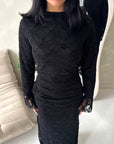 Lumi Black Lace Lined Tie Back Side Ruched Modest Dress