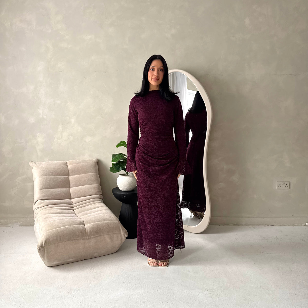 Lumi Plum Lace Lined Tie Back Side Ruched Modest Dress