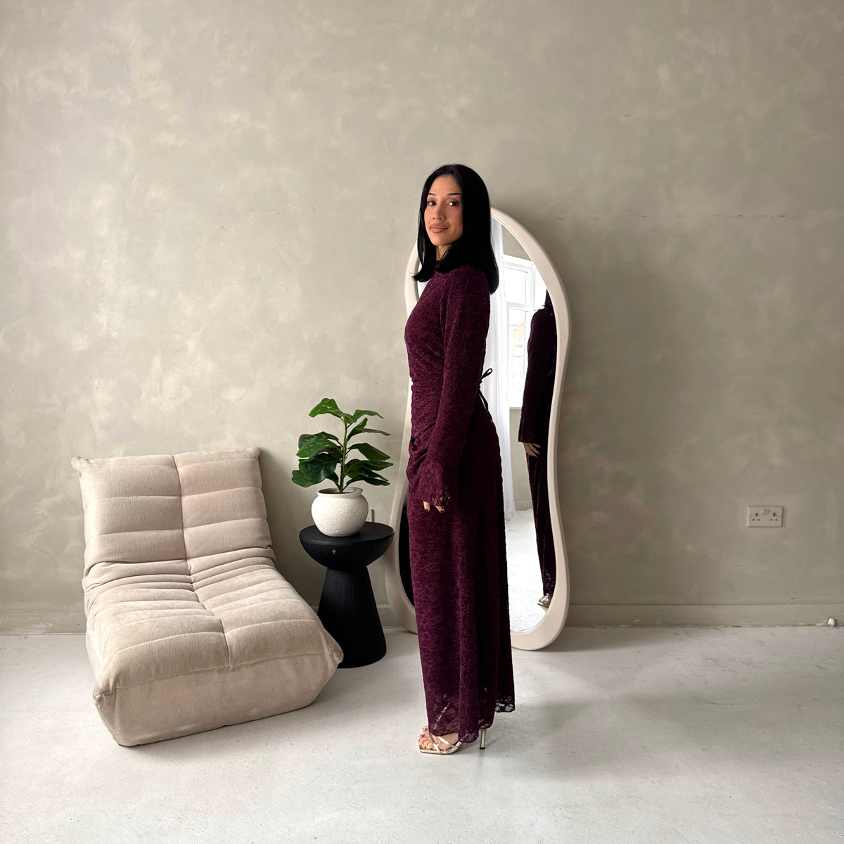 Lumi Plum Lace Lined Tie Back Side Ruched Modest Dress
