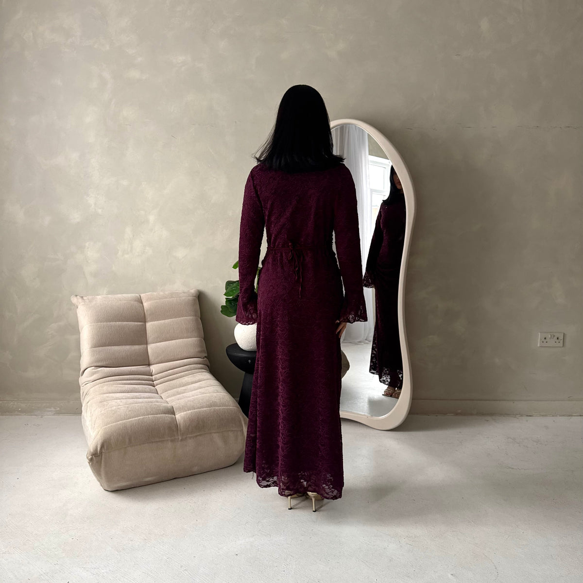 Lumi Plum Lace Lined Tie Back Side Ruched Modest Dress