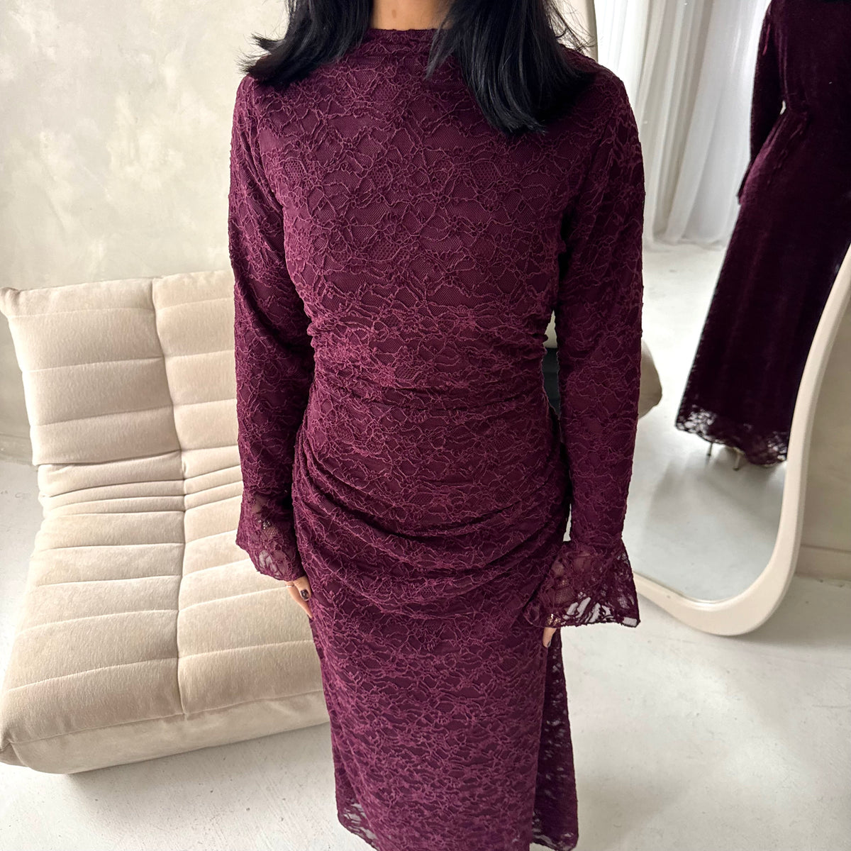 Lumi Plum Lace Lined Tie Back Side Ruched Modest Dress