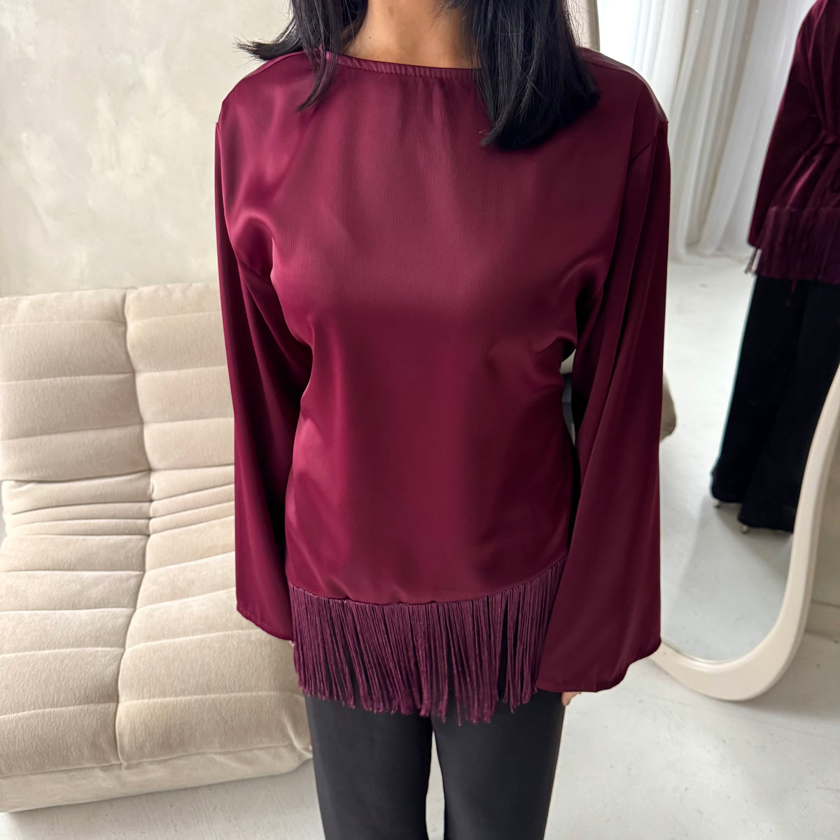 Shay Wine Tassel Hem Tie Back Satin Top