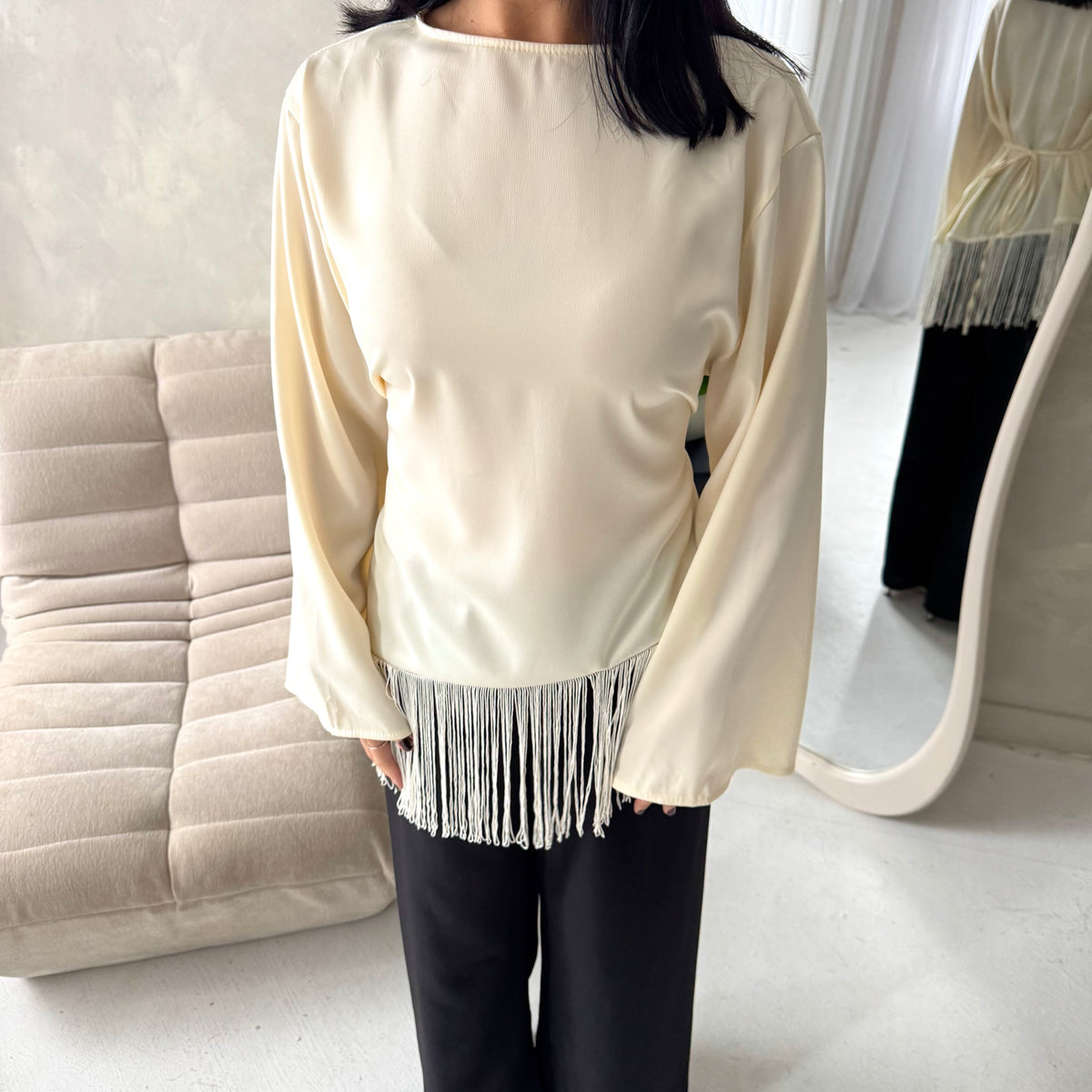 Shay Cream Tassel Hem Tie Back Satin Top