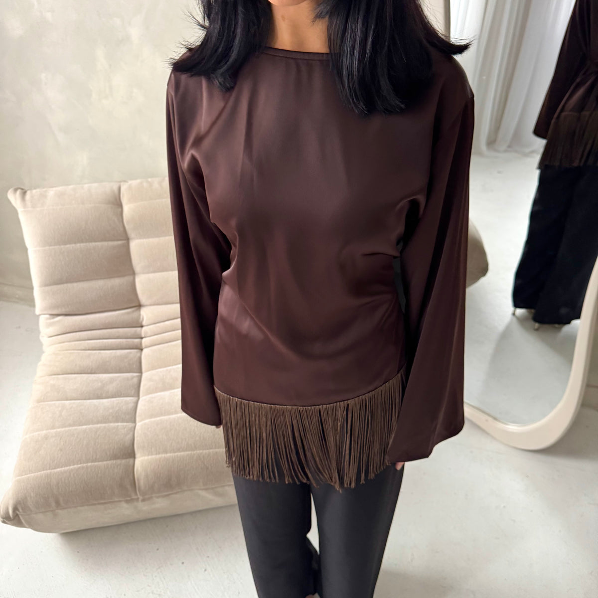 Shay Brown Tassel Hem Tie Back Satin Top