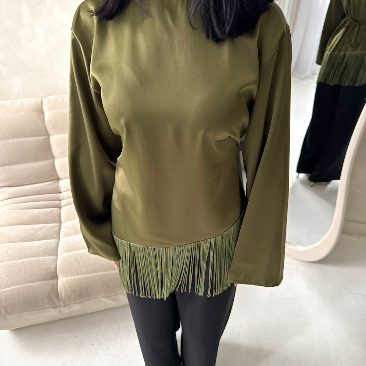 Shay Olive Green Tassel Hem Tie Back Satin Top