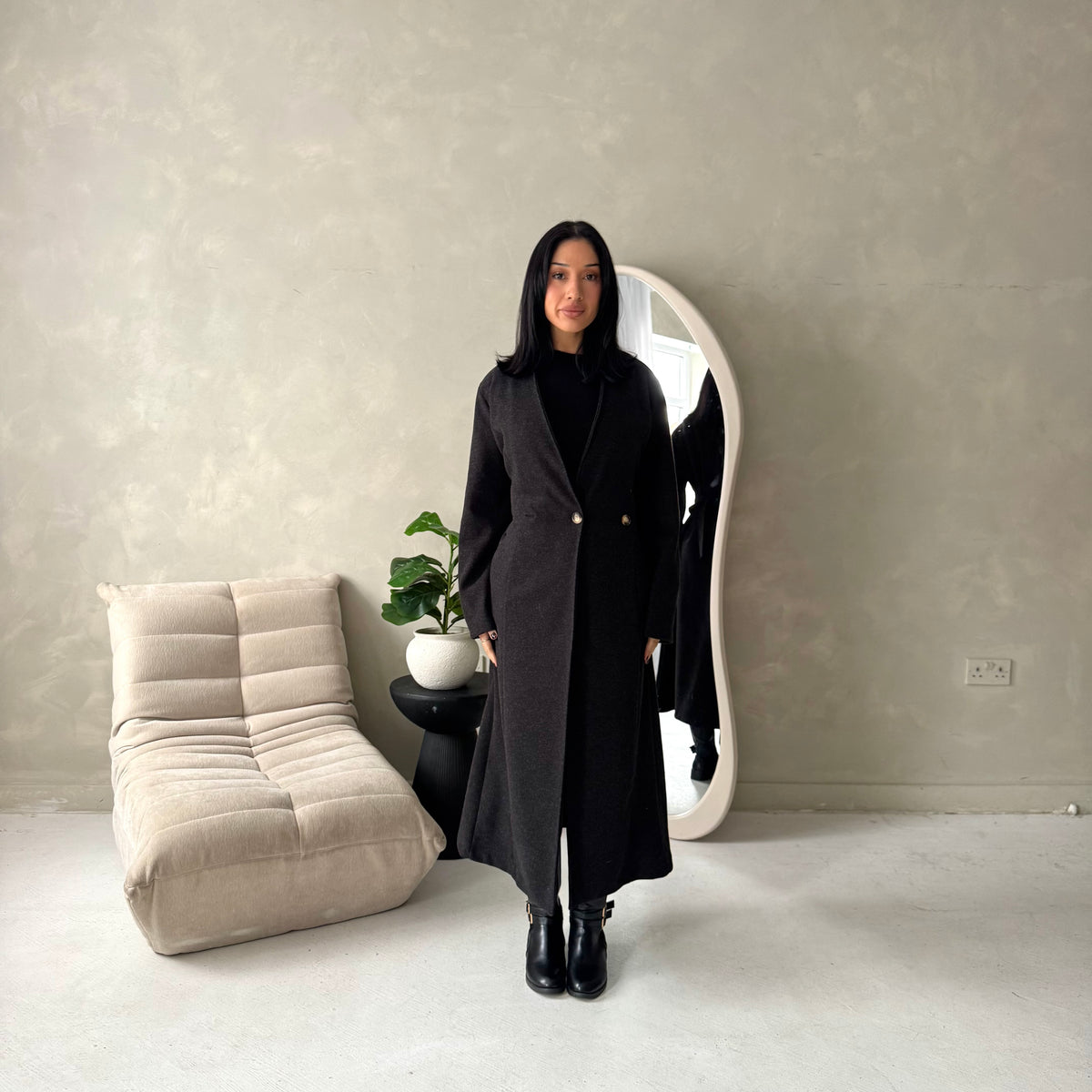 Aven Black Belted Pocket Plain Trench Coat