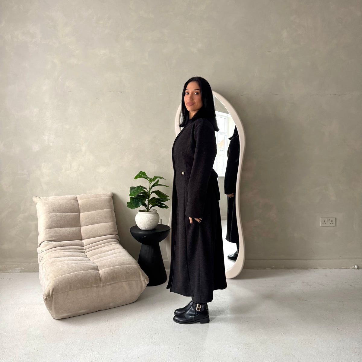 Aven Black Belted Pocket Plain Trench Coat