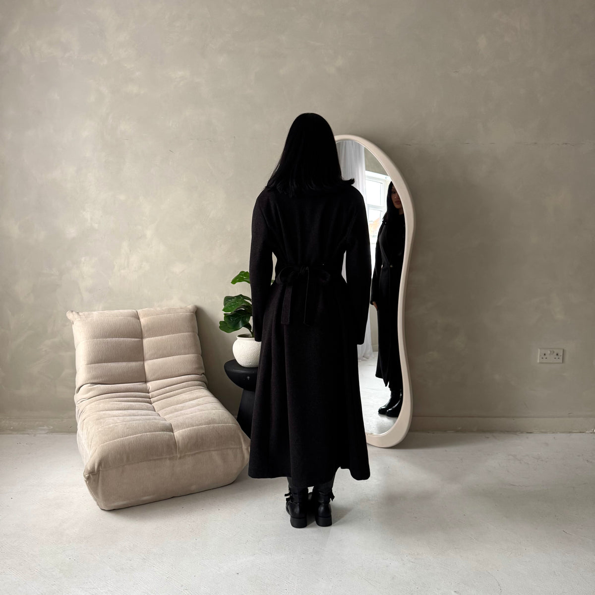 Aven Black Belted Pocket Plain Trench Coat